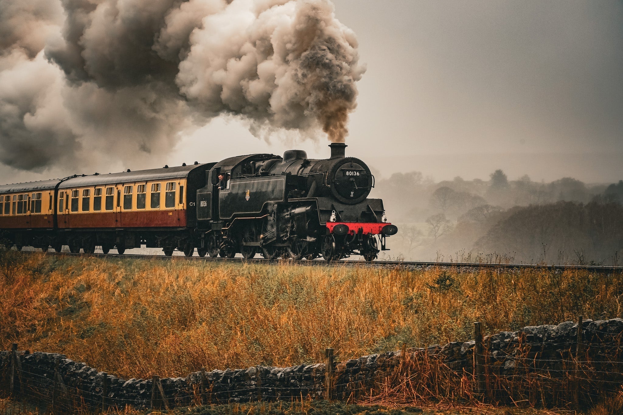 80136 Standard Tank Steam Locomotive powering through the North Yorkshire Moors Railway